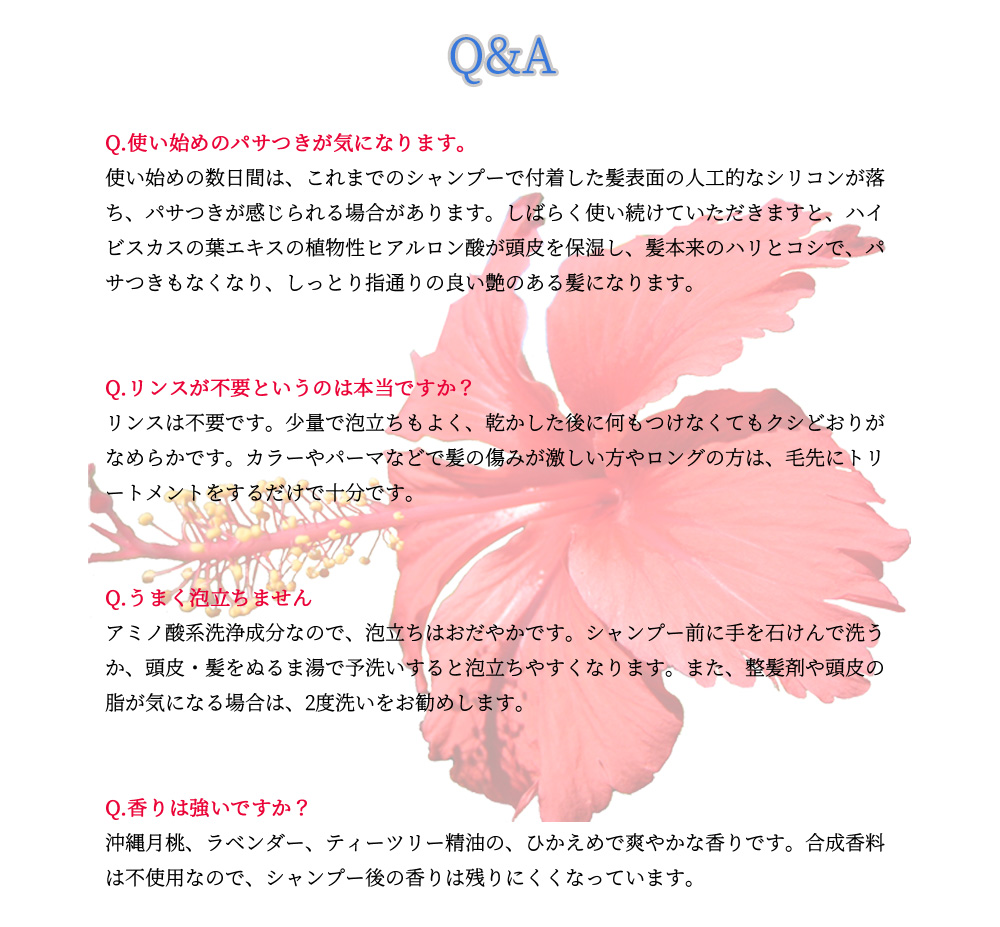 ぬち髪シャンプー（ぬちからじ）はハイビスカス由来の植物性ヒアルロン酸とぬちまーすを配合、ノンシリコン・アミノ酸洗浄です。